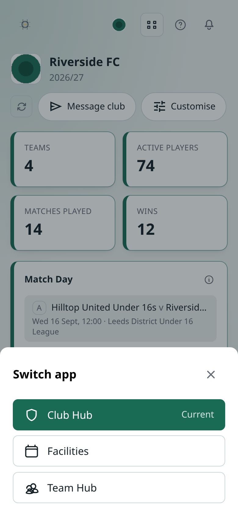 The Switch app panel open over the Club Hub dashboard, listing Club Hub as current, Facilities and Team Hub