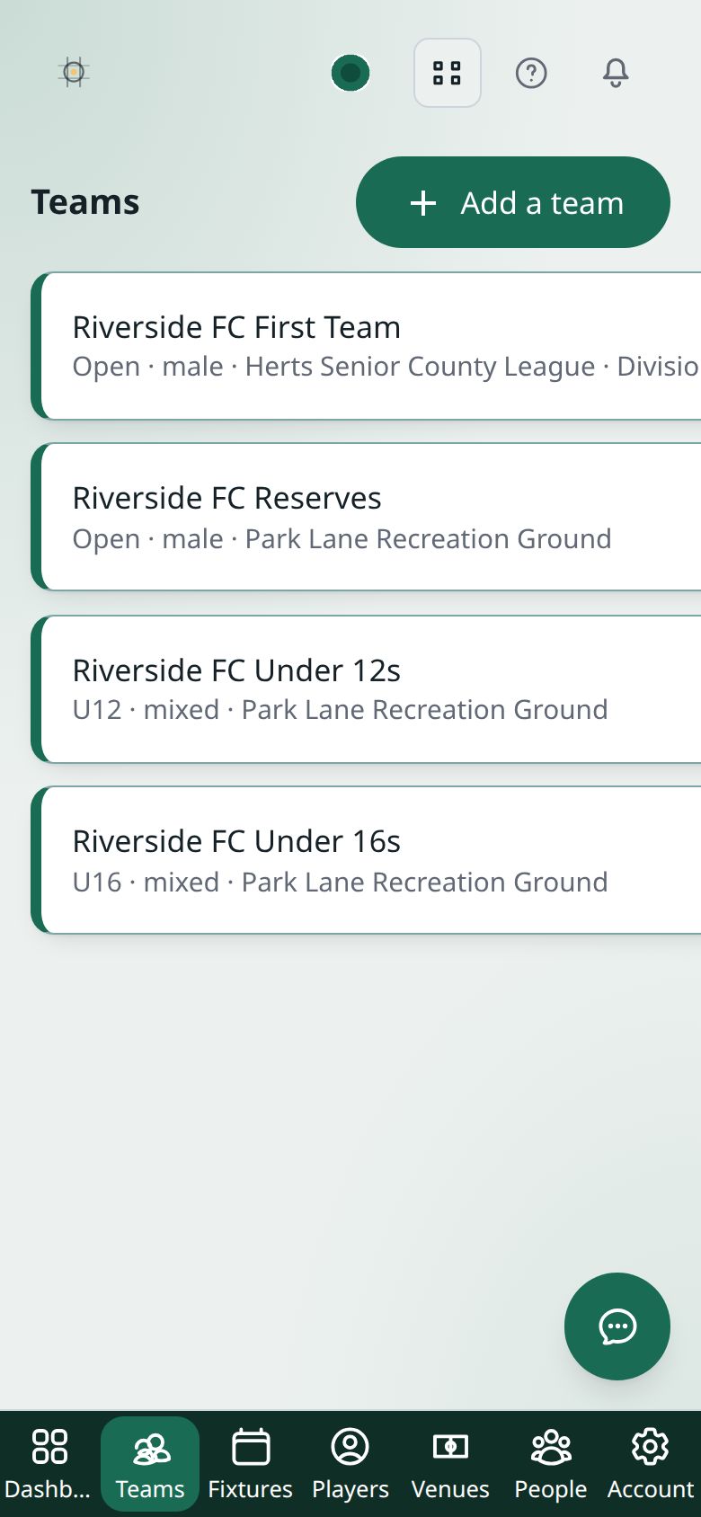 The Teams page: an Add a team button and each team with its age group, gender, league and ground