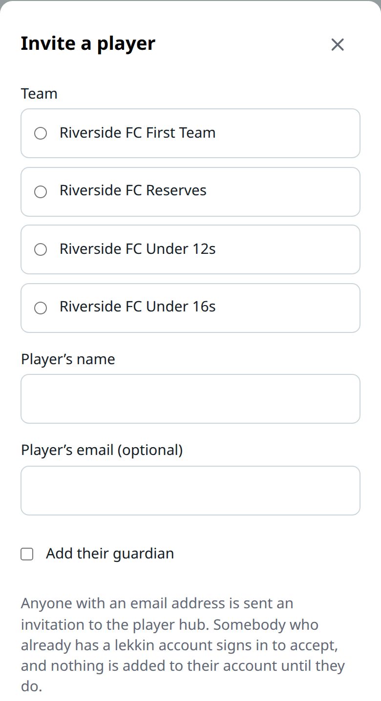 The Invite a player sheet: choose the team, the player’s name and optional email, and a tick box to add their guardian