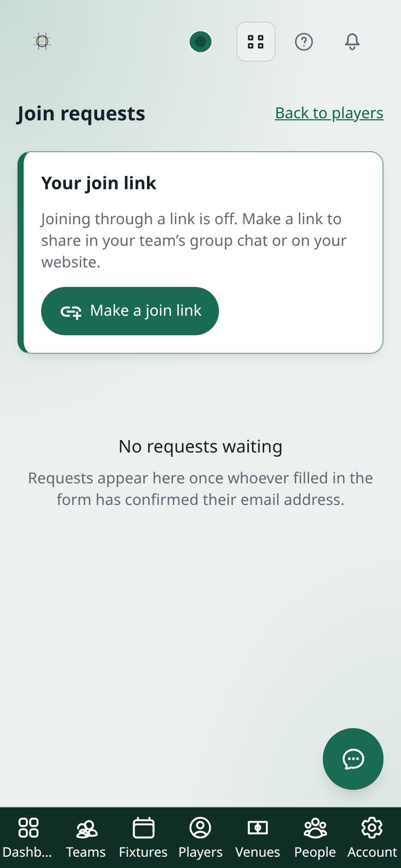The Join requests page with joining switched off: a Make a join link button, and no requests waiting