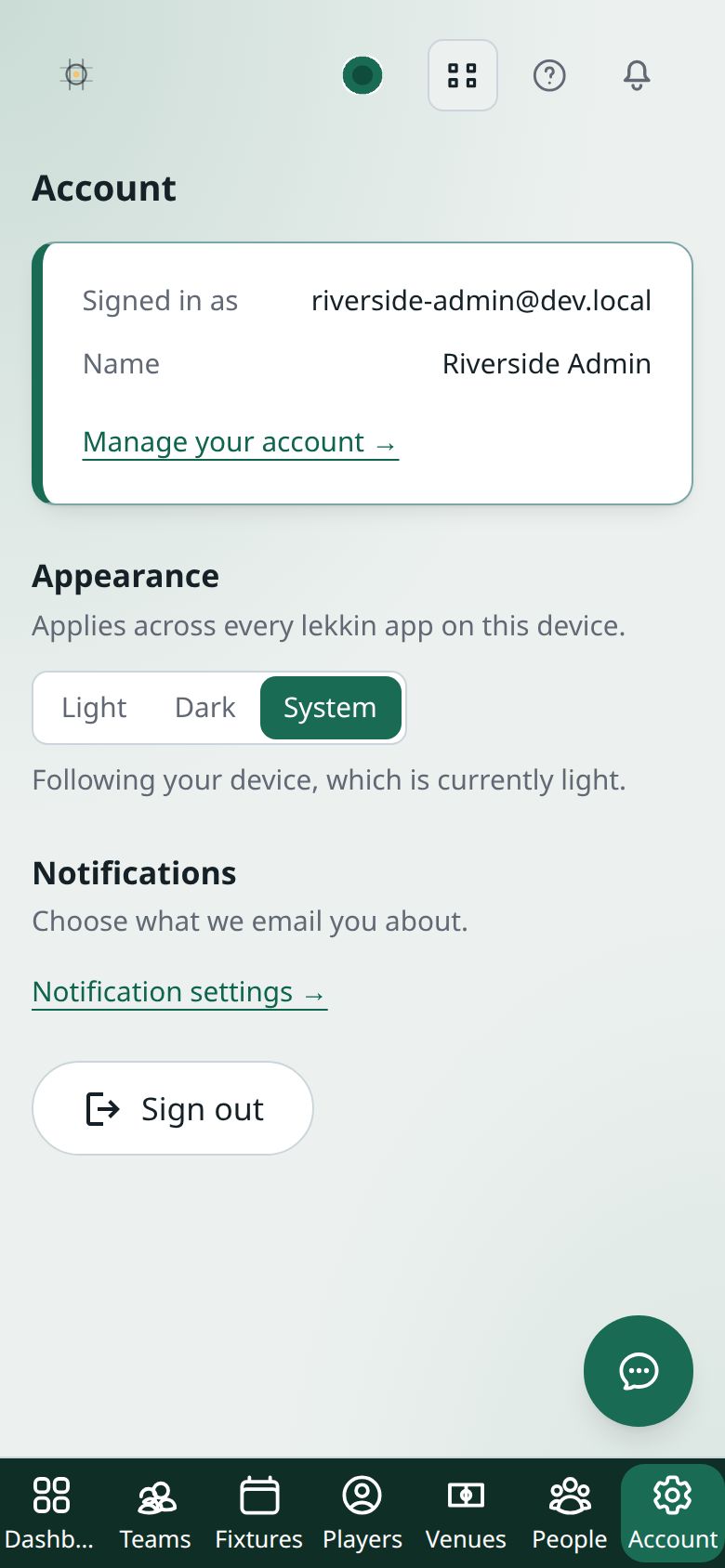 The Account page: the email you’re signed in with and your name, Manage your account, Appearance set to System, Notification settings and Sign out