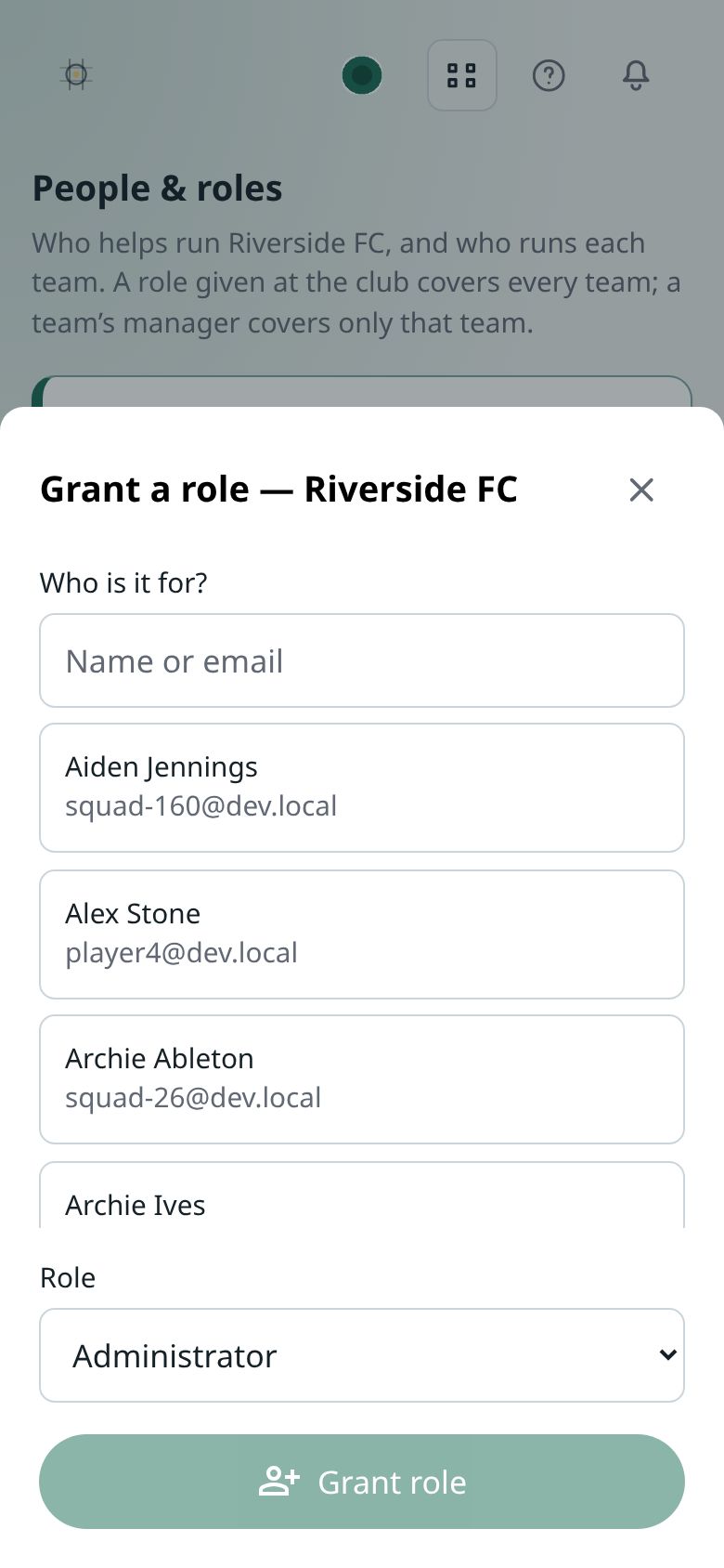 The Grant a role sheet for the club: search by name or email, a list of people the club knows, a Role picker and a Grant role button
