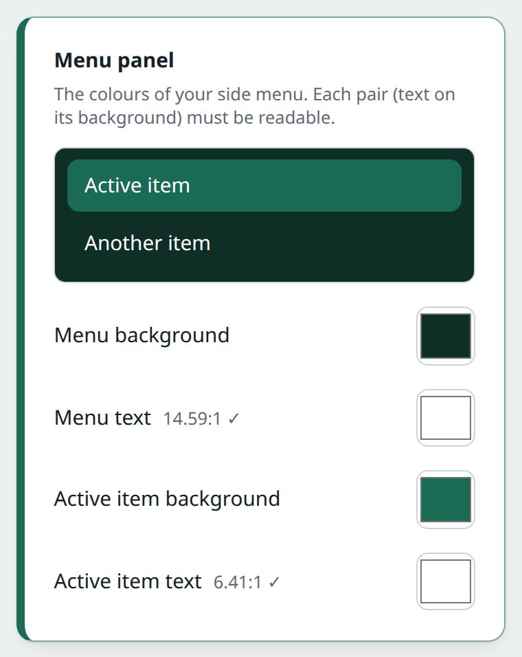 The Menu panel section: a preview of the side menu with an active item, and swatches for menu background, menu text, active item background and active item text, with contrast figures