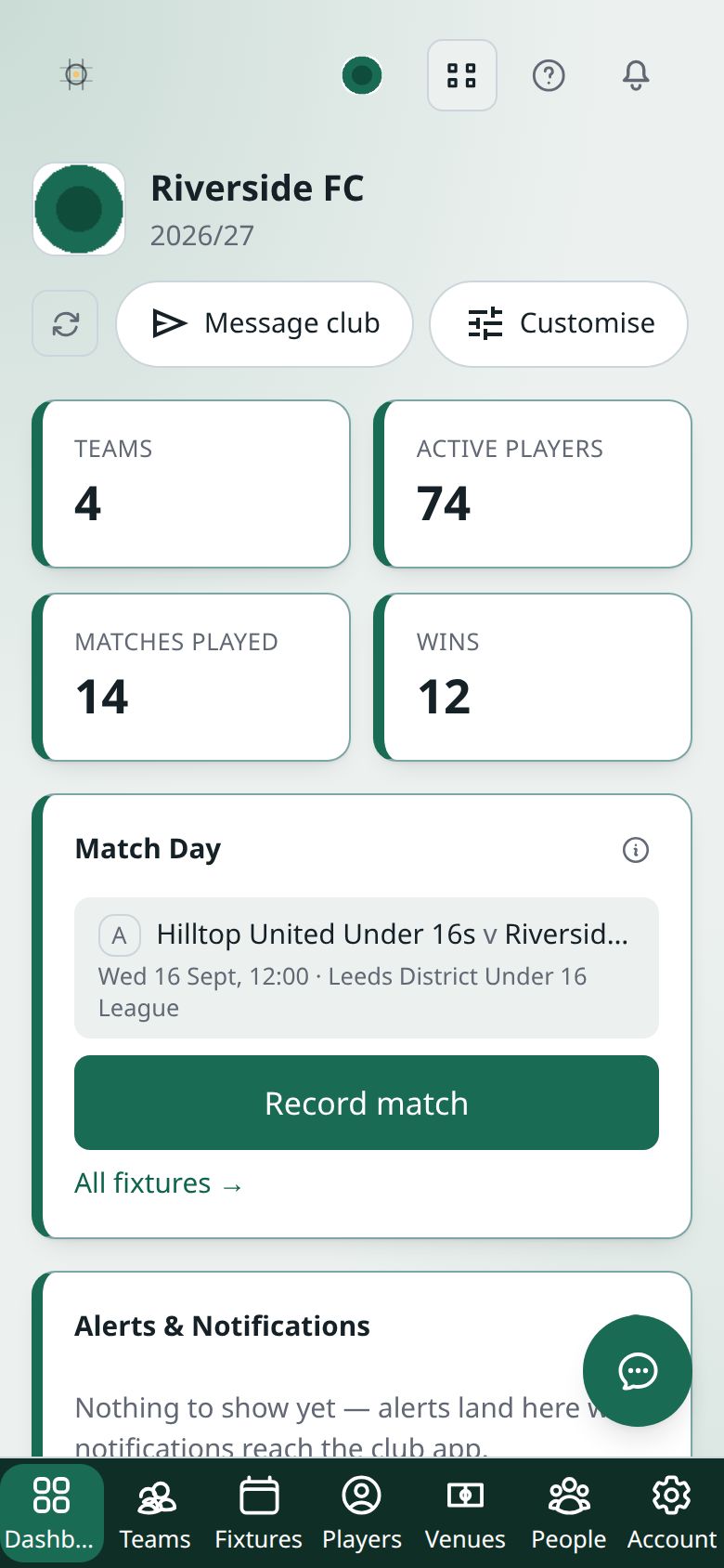 The top of the Club Hub dashboard: the club’s badge, name and season, the Message club and Customise buttons, the four numbers, and the Match Day widget