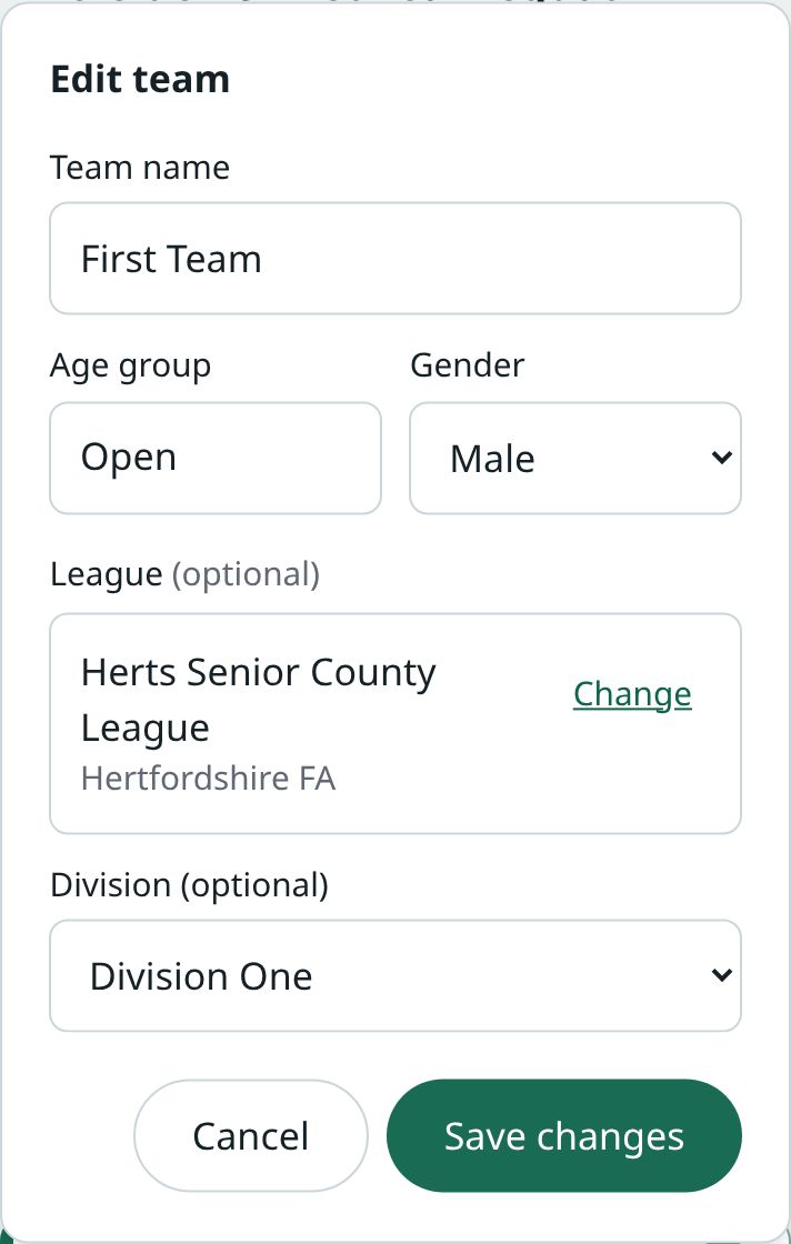 The Edit team sheet with the league set: Herts Senior County League, Hertfordshire FA, with a Change link, and Division One chosen