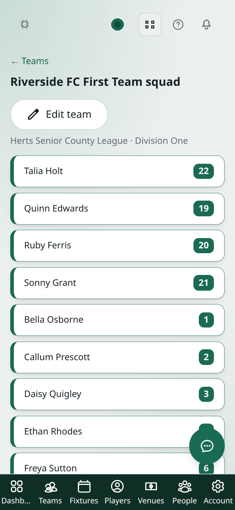 A team’s own page in the Club Hub, with an Edit team button and its league and division, Herts Senior County League · Division One, above the squad