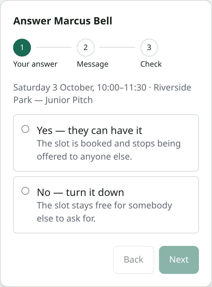 The first step of answering a request: choose “Yes — they can have it” or “No — turn it down”