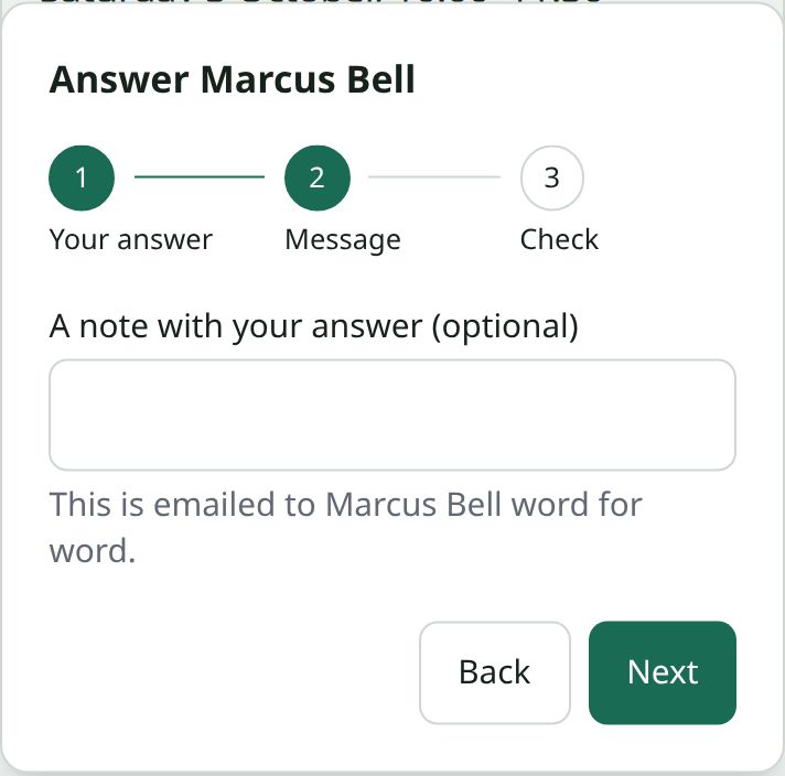 The Message step after choosing No: a note field with the warning that it is emailed to the hirer word for word
