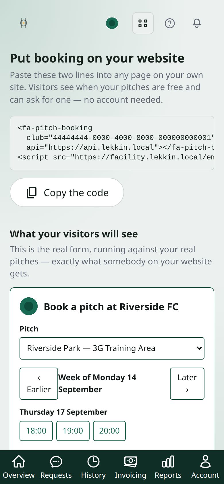 The “Put booking on your website” page showing the two-line code snippet, a Copy the code button, and the start of the live preview
