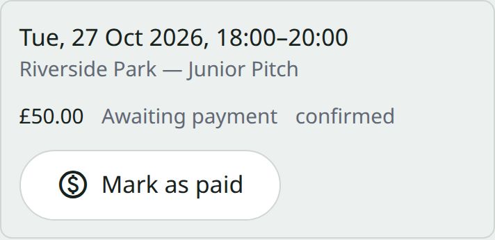 A booking in History showing £50.00, Awaiting payment, with a Mark as paid button