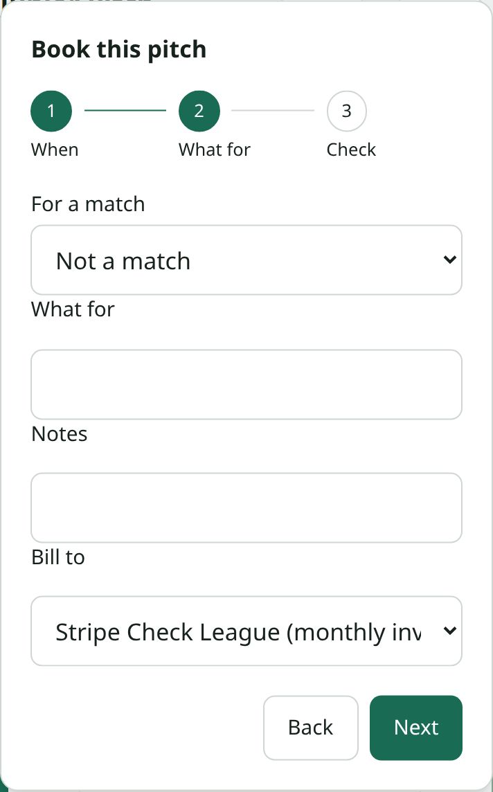 The What for step of booking a pitch, with Bill to set to an account customer’s monthly invoice instead of Pay per booking