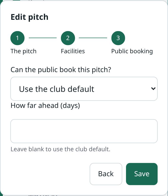 The Public booking step of editing a pitch, asking “Can the public book this pitch?” with Use the club default selected, and how far ahead it can be booked