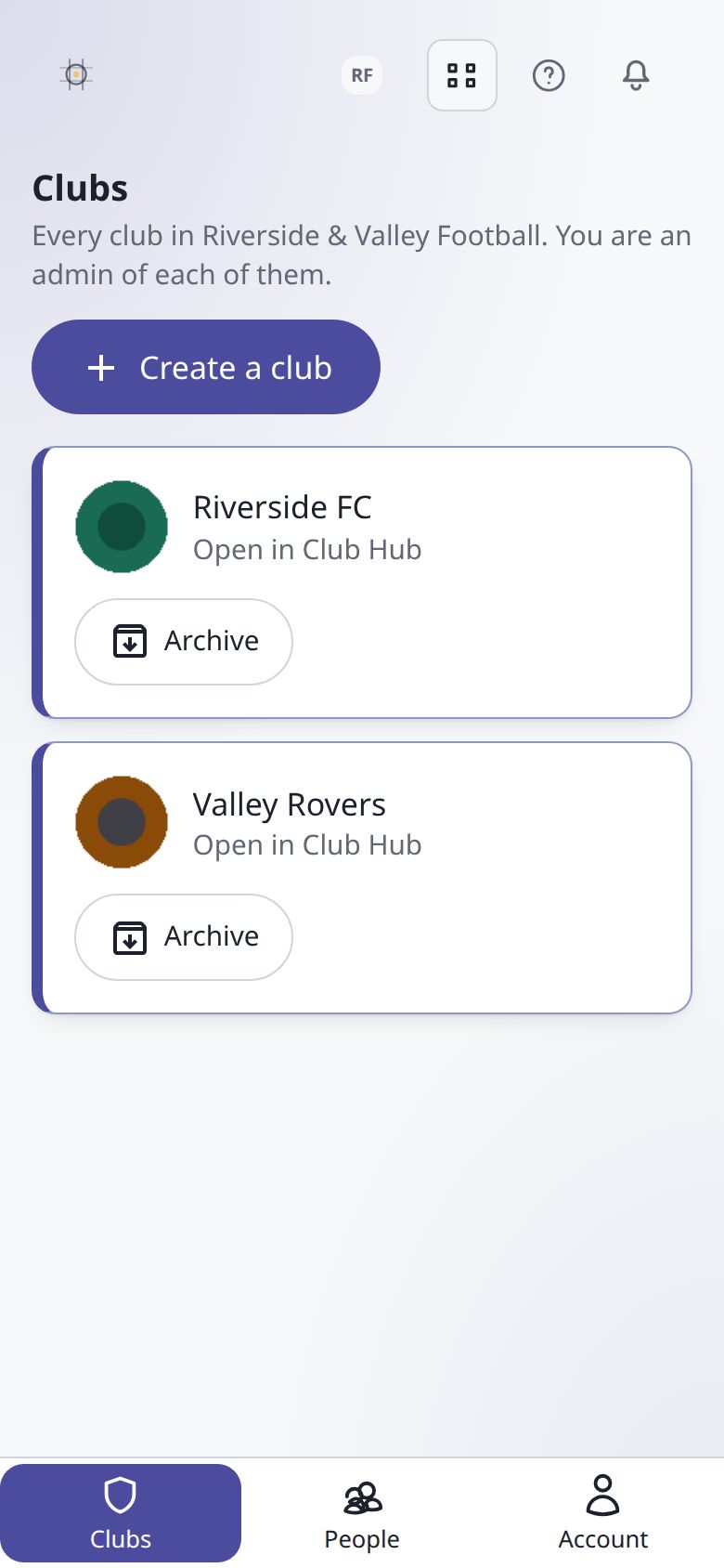The Clubs page: a Create a club button and each club in the organisation with Open in Club Hub and Archive