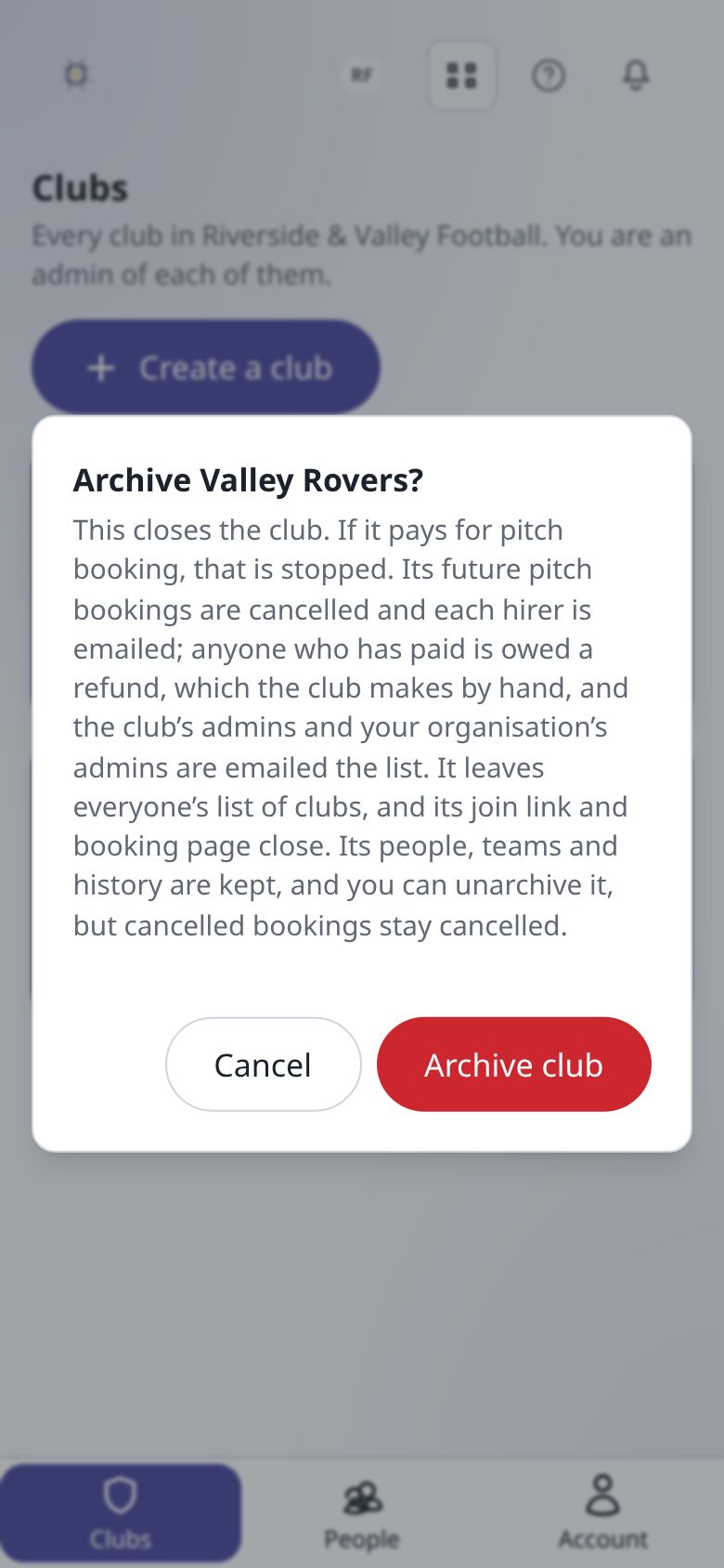 The “Archive Valley Rovers?” confirmation, spelling out what archiving stops, cancels and keeps, with Cancel and Archive club buttons