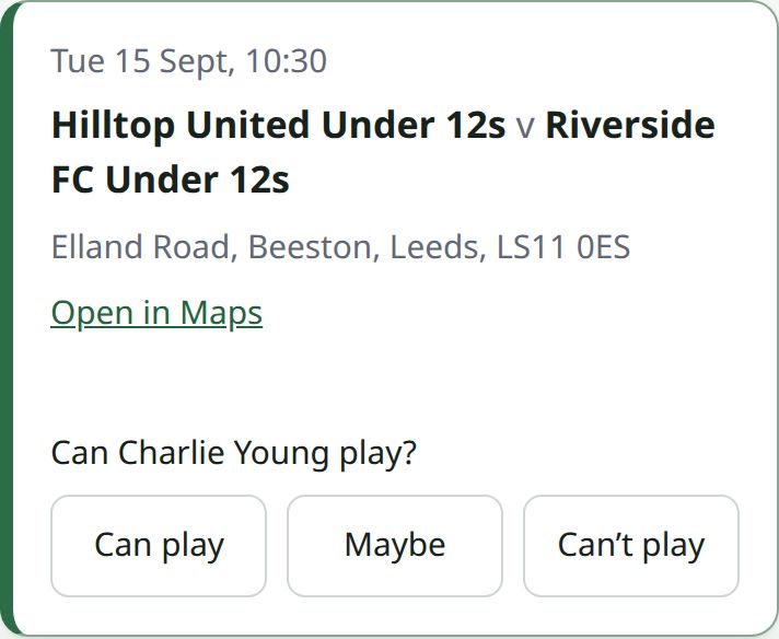 A match in the calendar: the kick-off, both teams, the ground’s address with Open in Maps, and “Can Charlie Young play?” with Can play, Maybe and Can’t play