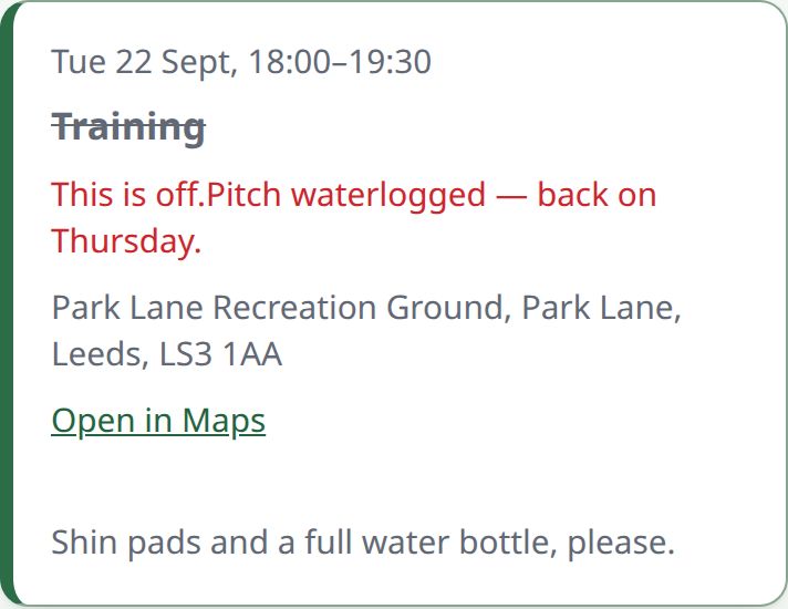 A training session that has been called off: its title struck through and “This is off” with the club’s reason, above the address