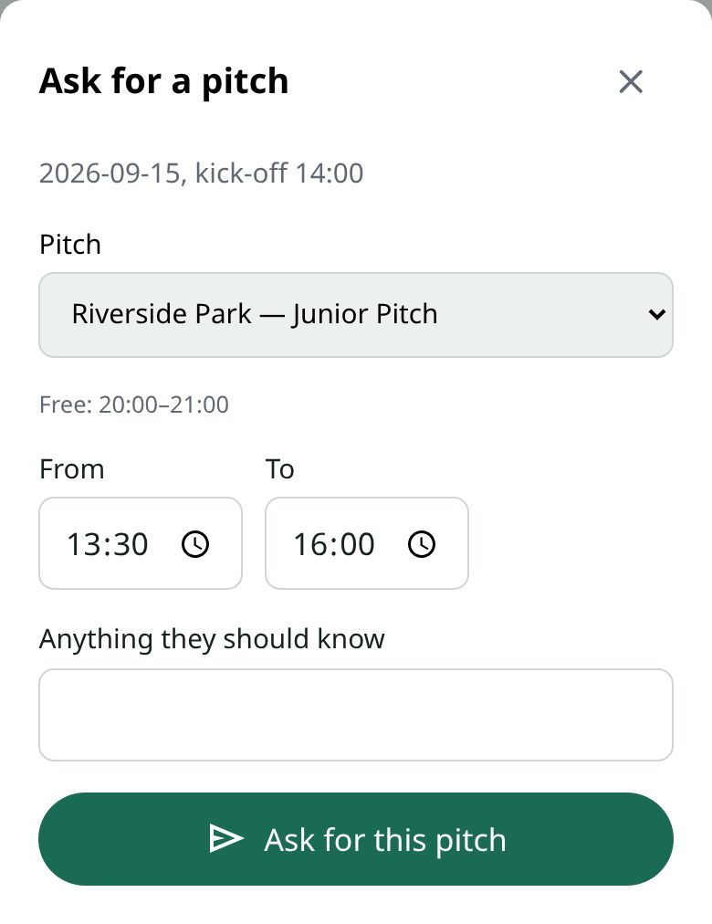 The Ask for a pitch sheet for a fixture: the Junior Pitch chosen, its free time shown, from and to times, a note field and an Ask for this pitch button