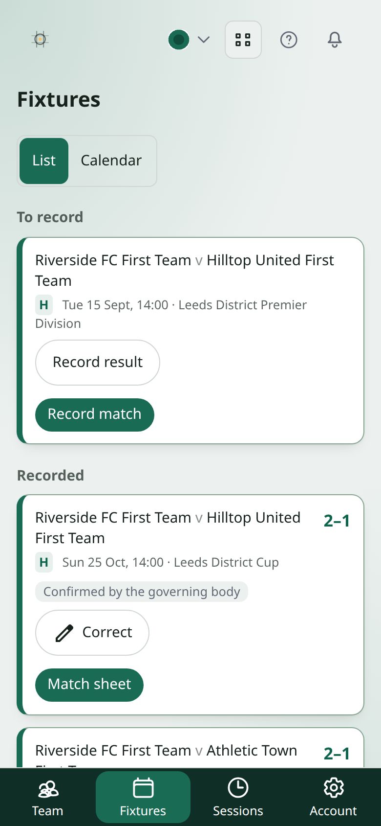 The Fixtures list with a fixture under To record and its Record match button