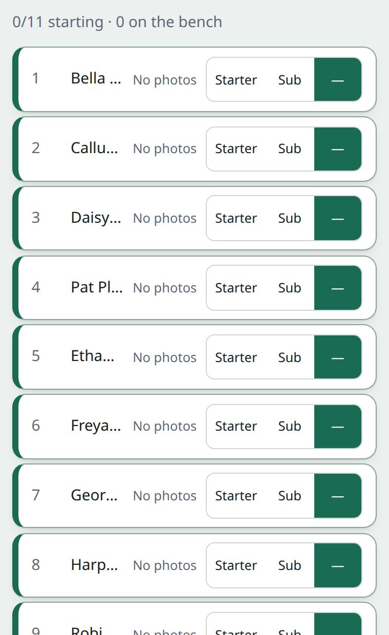 The top of the team sheet: each squad member with Starter, Sub or not picked, and a count of who is starting