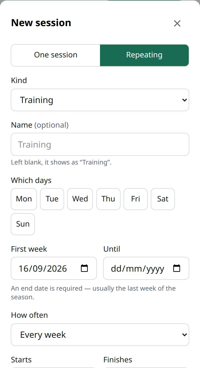 The New session sheet with Repeating chosen: kind, name, which days, first week and until dates, and how often