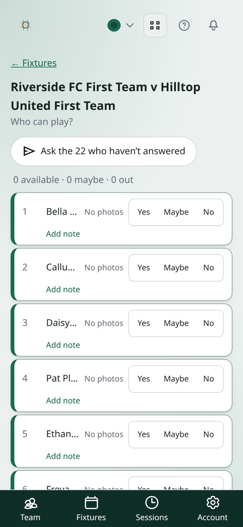 Who can play for a fixture: an “Ask the 22 who haven’t answered” button, the count available, maybe and out, and Yes, Maybe and No for each player
